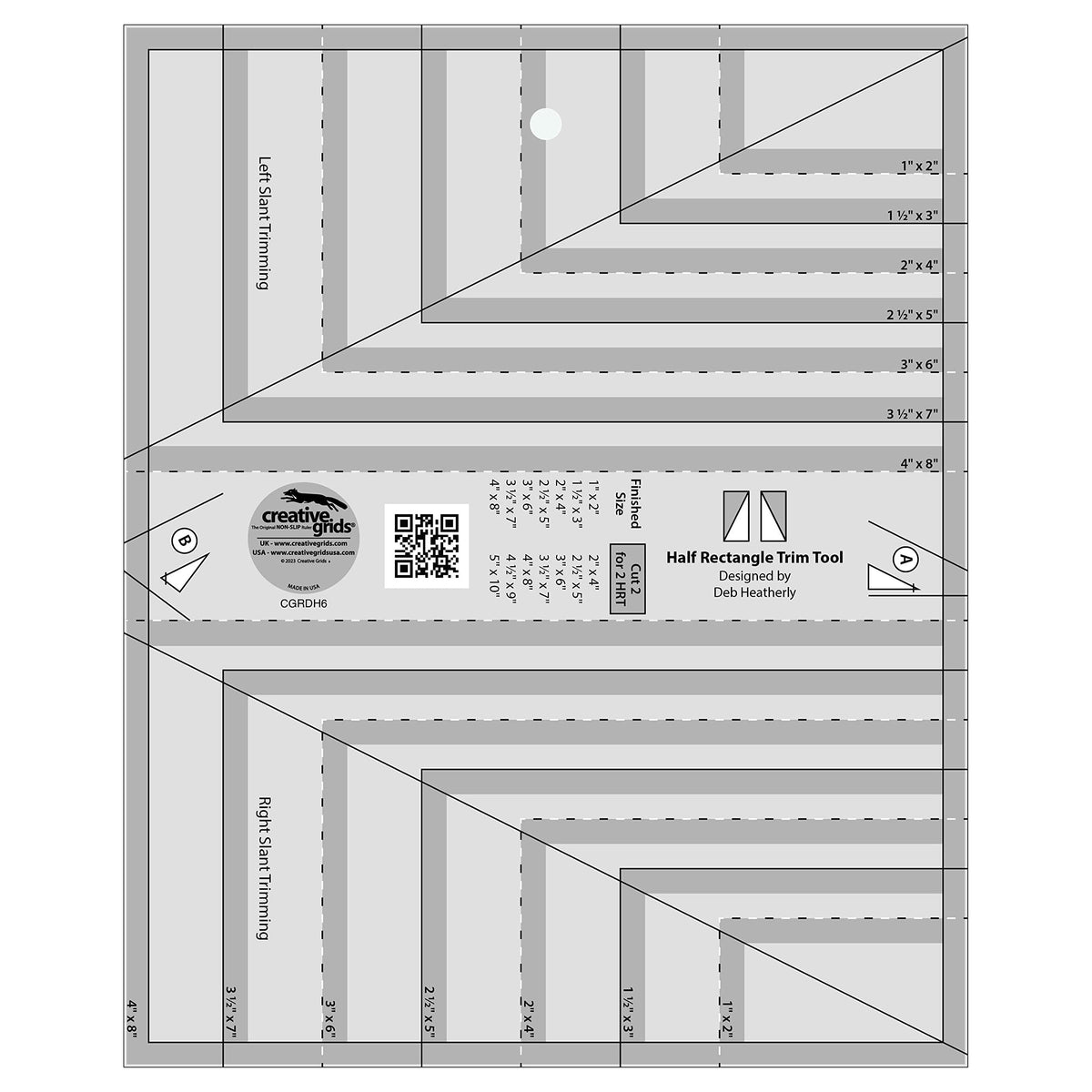 Creative Grids Half Rectangle Trim Tool Quilt Ruler – CGRDH6 – Made in USA, 8-1/2in x 10-1/2in, Non-Slip Grip Acrylic Quilting, Sewing, Crafting, Patchwork Ruler & Template