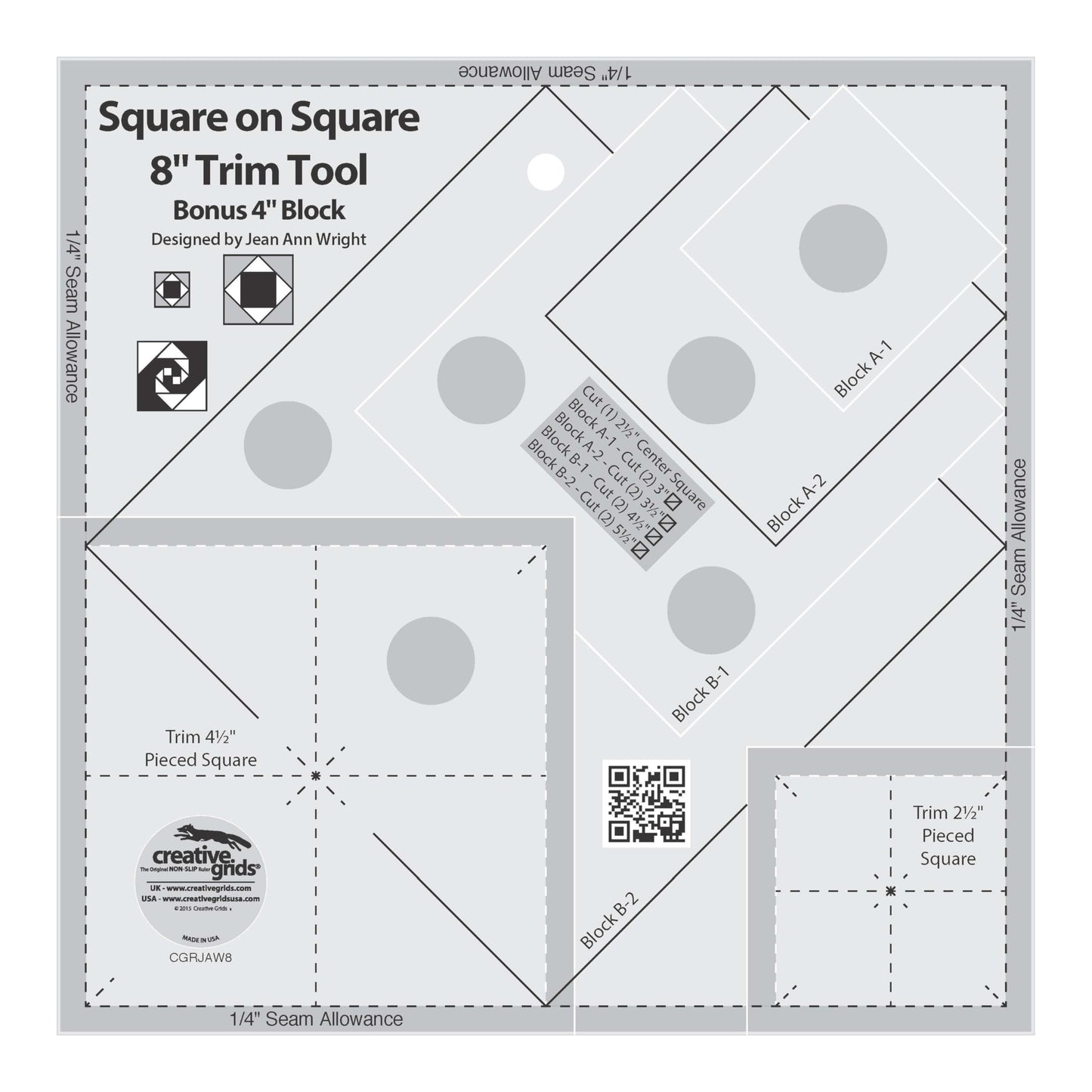 Creative Grids Square on Square Trim Tool Quilt Ruler – CGRJAW8 – Made in USA, 8-1/2in x 8-1/2in, Non-Slip Grip Acrylic Quilting, Sewing, Crafting, Patchwork Ruler & Template