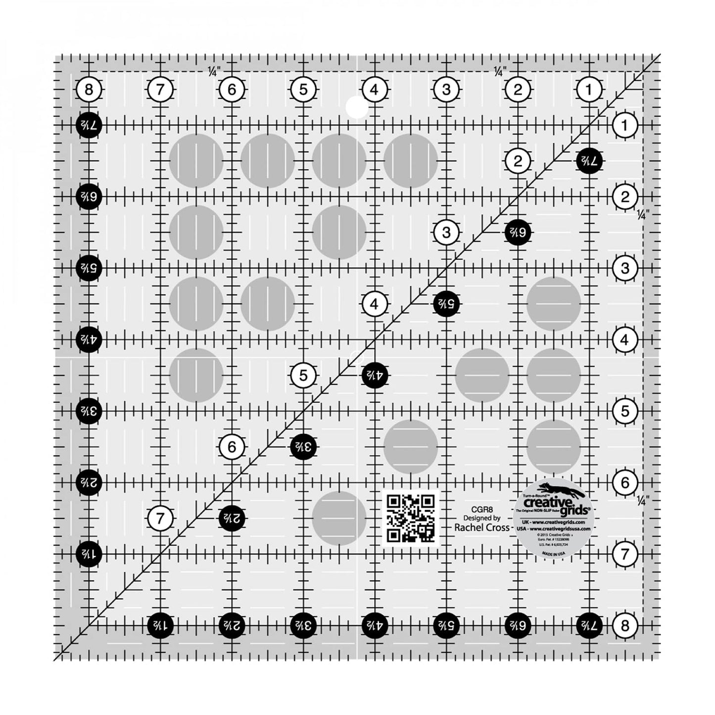 Creative Grids Quilt Ruler 8-1/2in x 8-1/2in Square – CGR8 – Made in USA, Non-Slip Grip Acrylic Quilting, Sewing, Crafting, Patchwork Ruler for Measuring & Cutting Fabric