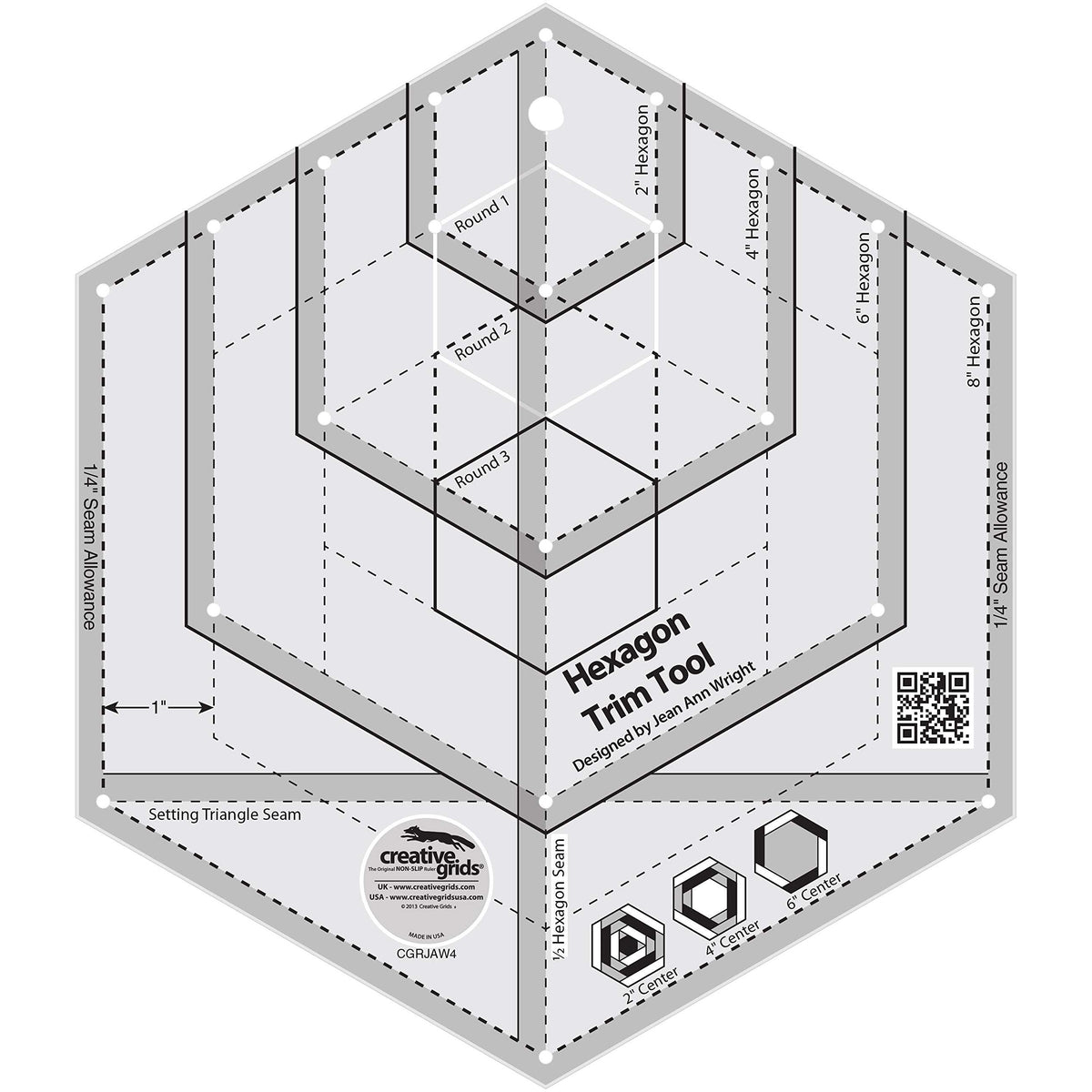 Creative Grids Hexagon Trim Tool Quilt Ruler – CGRJAW4 – Made in USA, 8-1/2in x 9-3/4in, Non-Slip Grip Acrylic Quilting, Sewing, Crafting, Patchwork Ruler & Template
