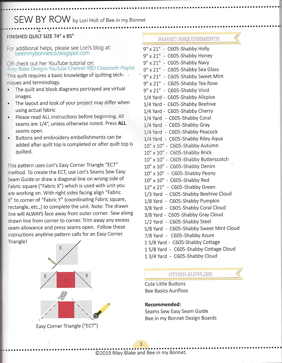 Sew by Row Quilt Pattern by Lori Holt of Bee in my Bonnet