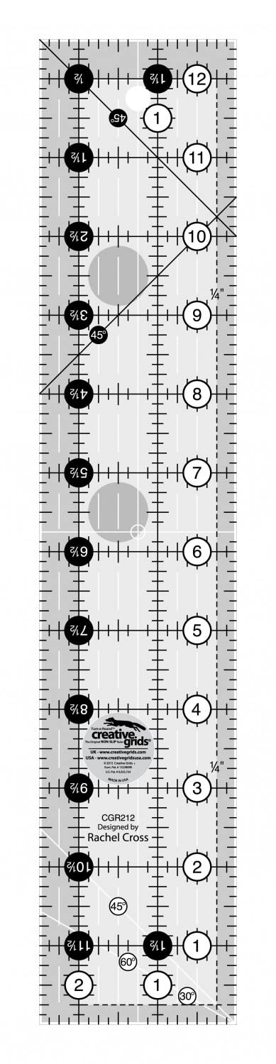 Creative Grids Quilt Ruler 2-1/2in x 12-1/2in Rectangle – CGR212 – Made in USA, Non-Slip Grip Acrylic Quilting, Sewing, Crafting, Patchwork Ruler for Measuring & Cutting Fabric