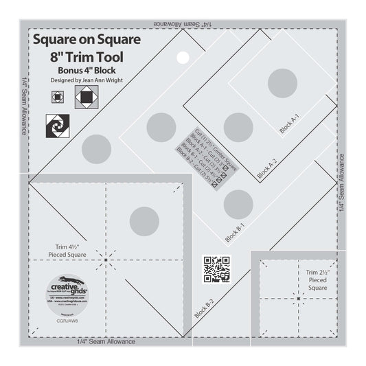 Creative Grids Square on Square Trim Tool Quilt Ruler – CGRJAW8 – Made in USA, 8-1/2in x 8-1/2in, Non-Slip Grip Acrylic Quilting, Sewing, Crafting, Patchwork Ruler & Template