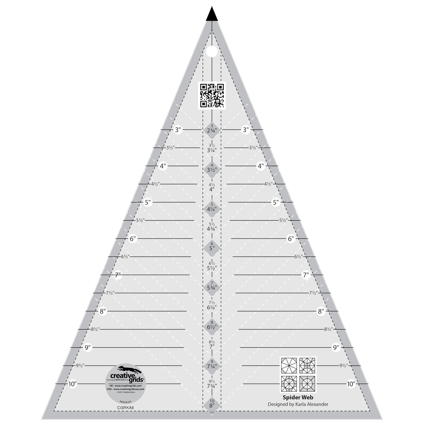 Creative Grids Spider Web Triangle Quilt Ruler – CGRKA6 – Made in USA, 9-1/2in x 11-1/2in, Non-Slip Grip Acrylic Quilting, Sewing, Crafting, Patchwork Ruler & Template
