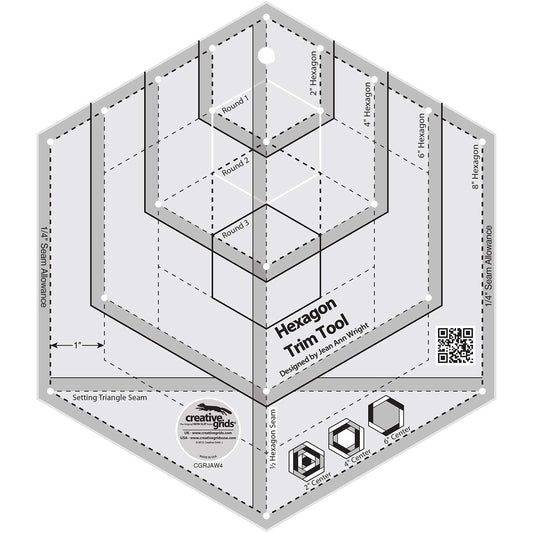Creative Grids Hexagon Trim Tool Quilt Ruler – CGRJAW4 – Made in USA, 8-1/2in x 9-3/4in, Non-Slip Grip Acrylic Quilting, Sewing, Crafting, Patchwork Ruler & Template