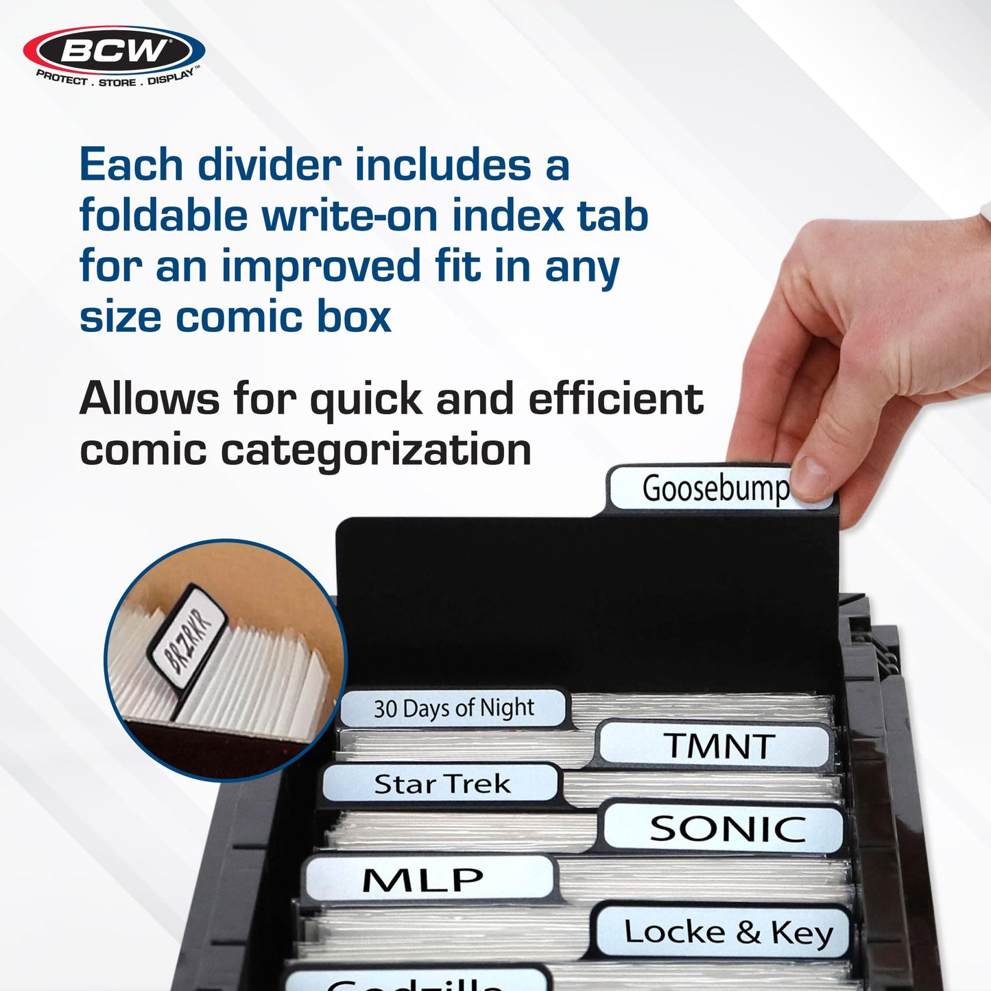 BCW Comic Dividers - 25 Pack | Archival Polyethylene Plastic Dividers | Organize Comics Efficiently in Storage Boxes | Write-On Index Tab (Black)